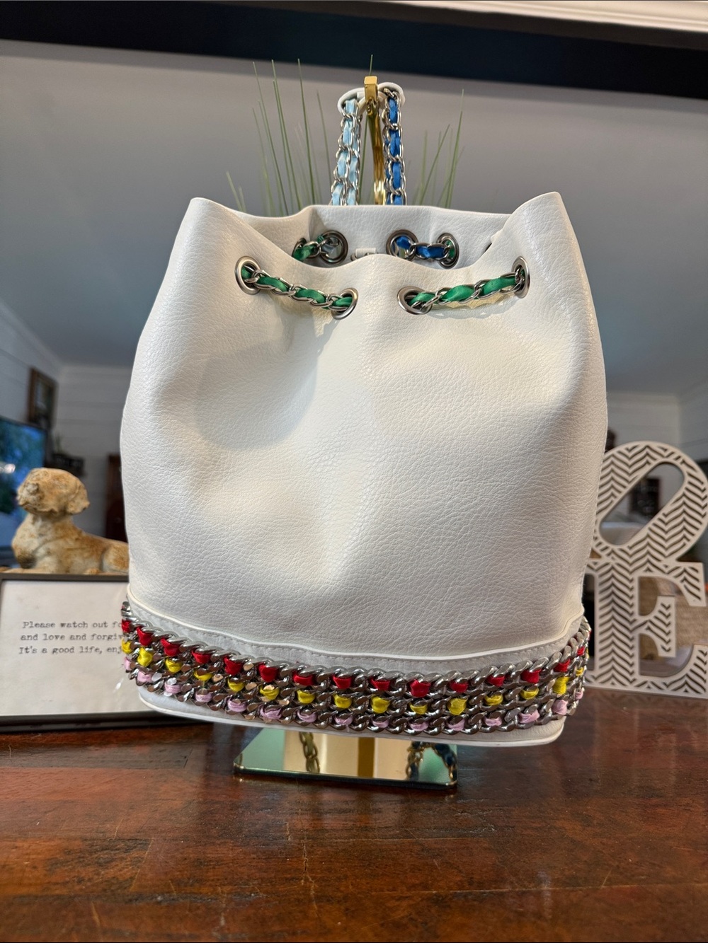 Betsey Johnson White Bucket Bag with Multicolor Chain Trim